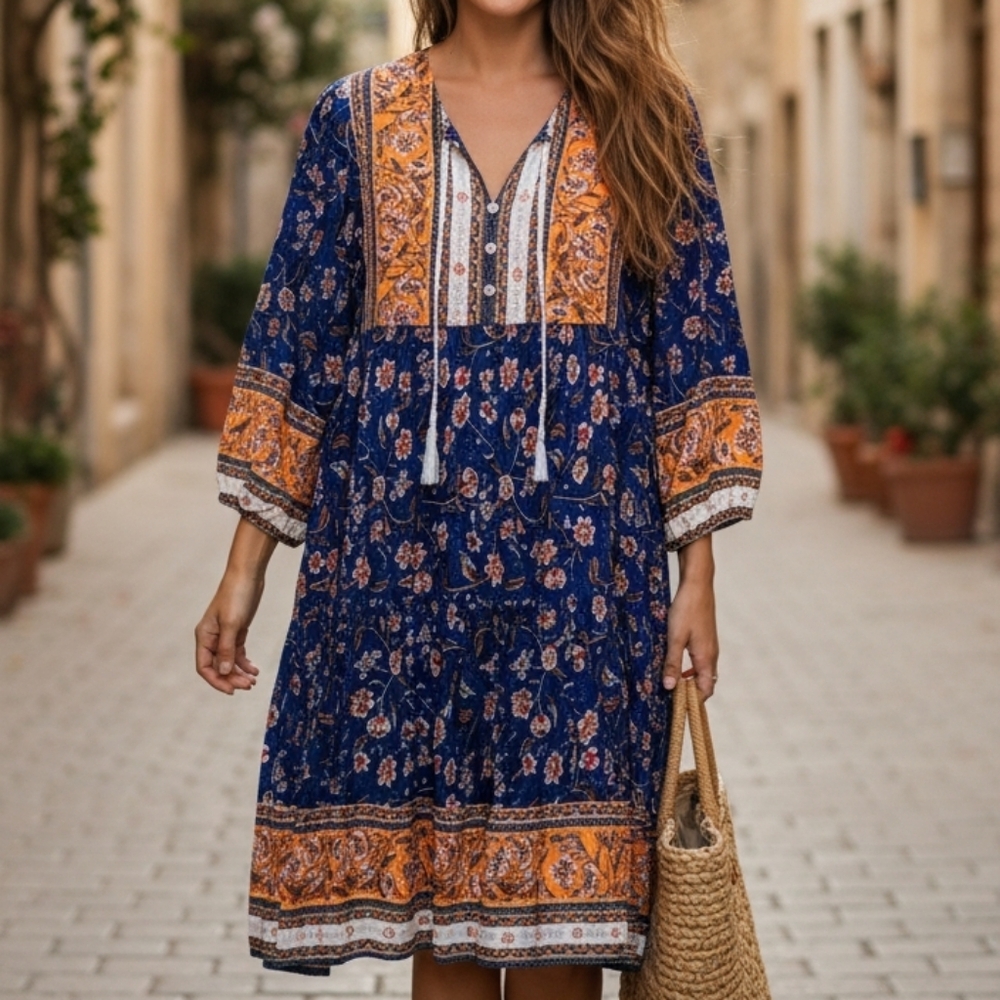 KOJOOIN Women’s Floral Print Tie V Neck Long Sleeve Boho Swing A-Line Dr…